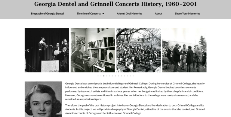 Georgia Dentel website homepage, featuring pictures of concerts at Grinnell and a photograph of Georgia Dentel