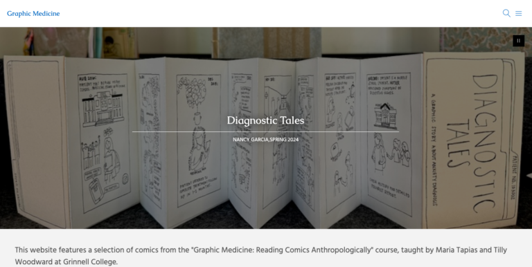 Screenshot of Graphic Medicine homepage, featuring a student comic as the header image